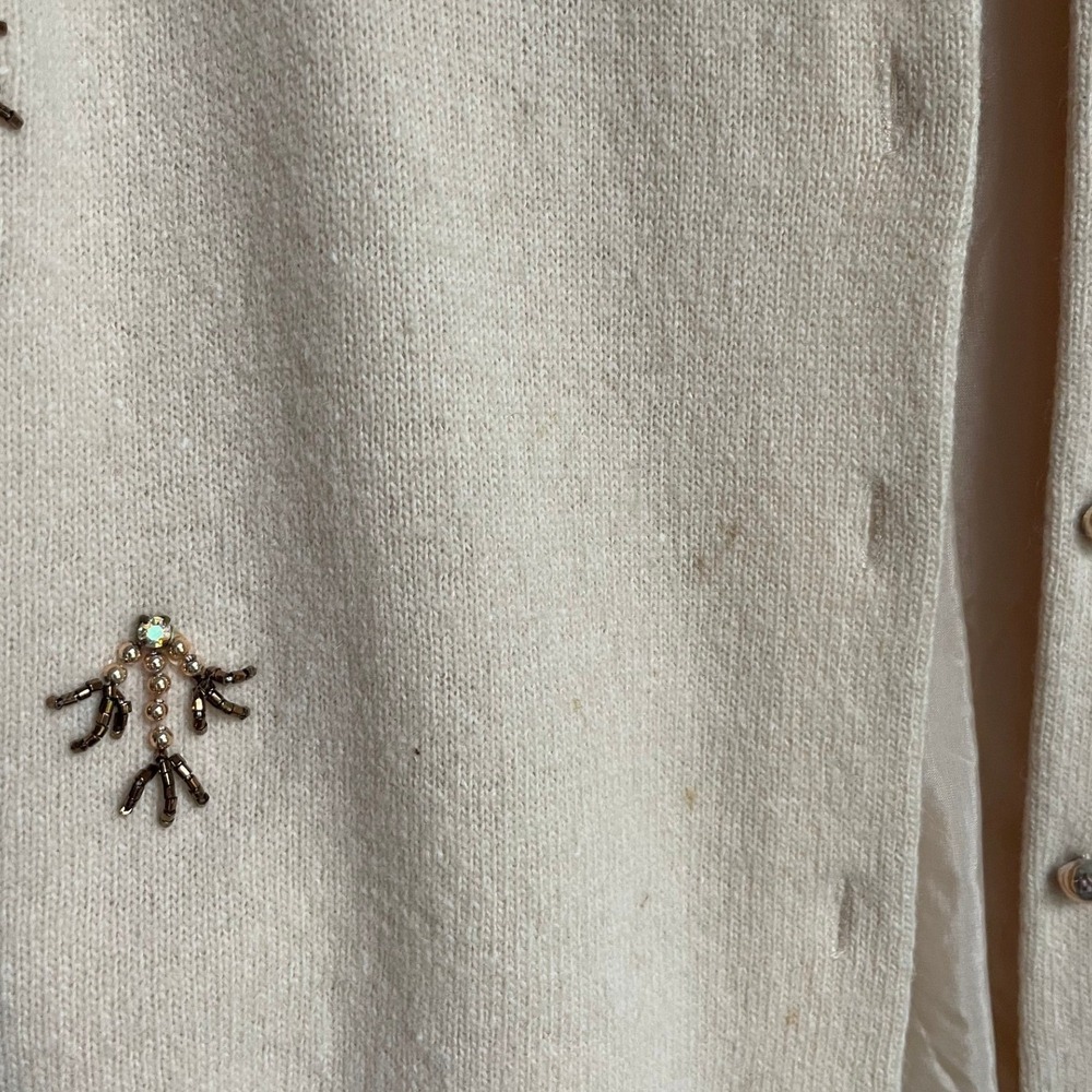 Vtg 1950s Hand Beaded Cardigan Cream Floral Bronze Glass Bead Sweater Lined 40 - Picture 6 of 14